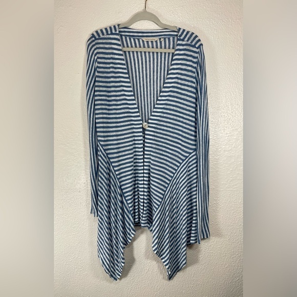 Soft Surroundings Linen Blue White Striped Single Button Cardigan Women’s Medium - Picture 11 of 11